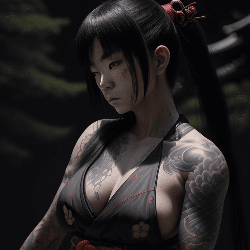AI generated: Japan, Akane, a mysteriously tattooed samurai, is called upon to protect her supernatural threat tha...