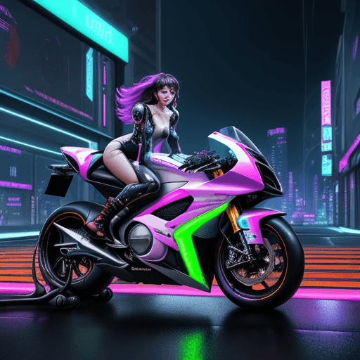 AI generated: Electrifying scene captures a stunning woman <lora:myownface:1> astride a futuristic race motorcycle...