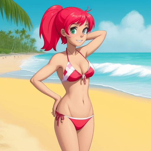 AI generated: a cartoon girl at the beach in a bikini

