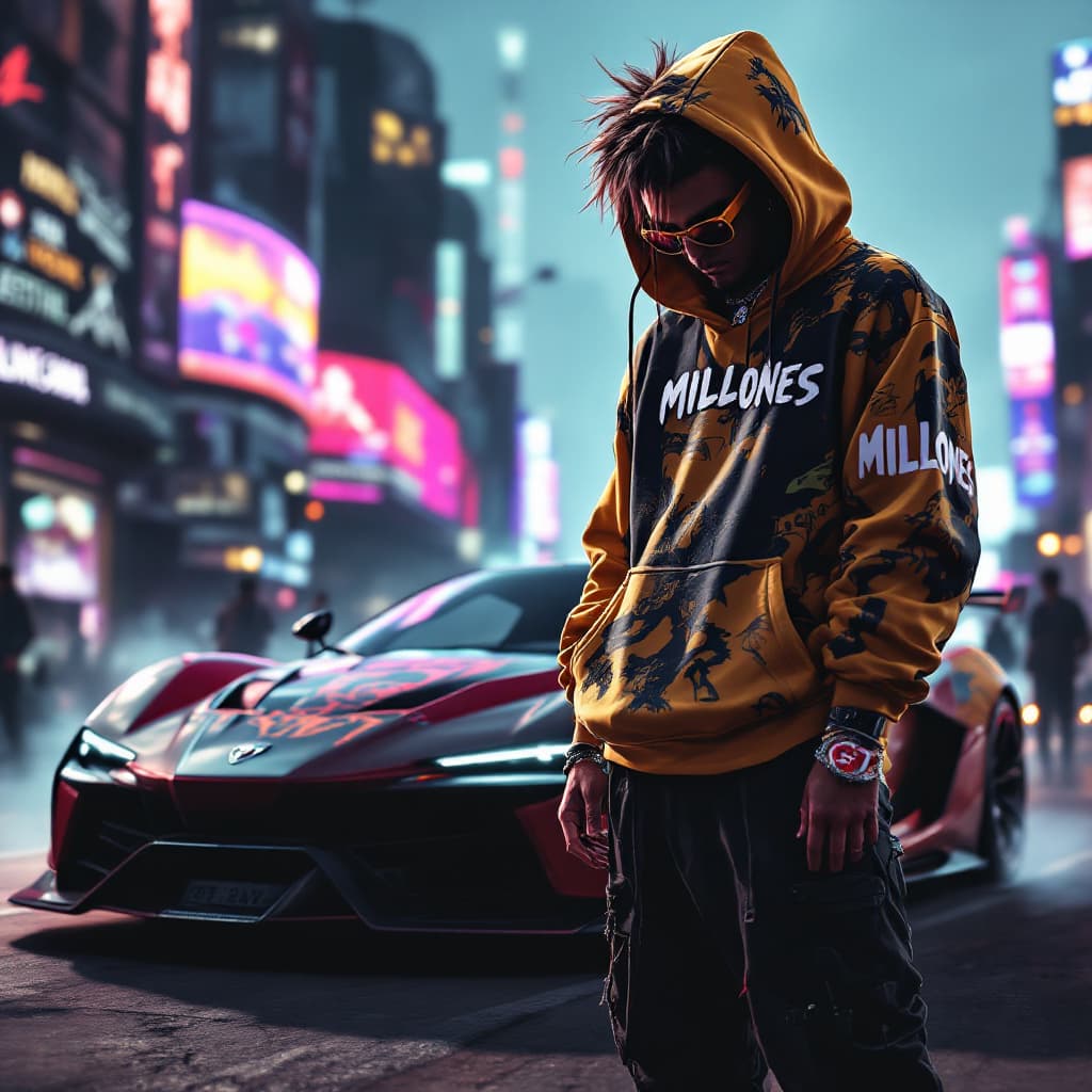 AI generated: cyberpunk GTA, DRAGON BALL GT BROLY  CHARACTER,  WEARING A sweater WITH THE TEXT  "MILLONES" WITH HO...