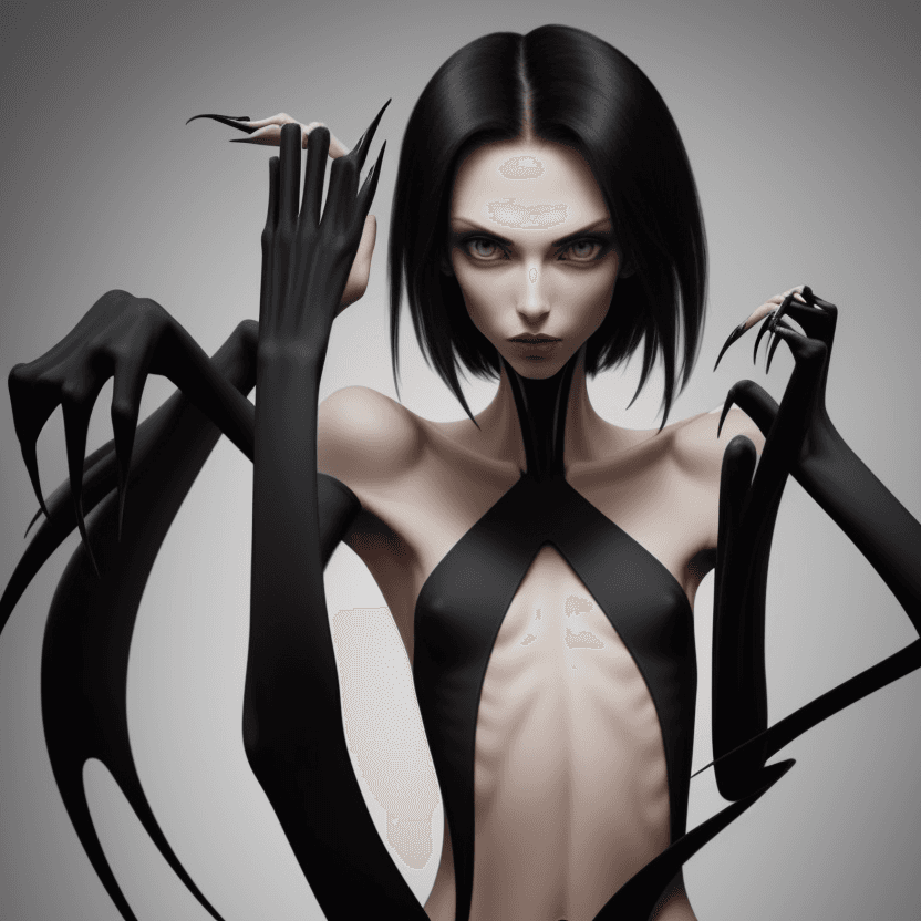 AI generated: photo of face an extremely skinny, flat-chested models with long black curved fingernails, claws,