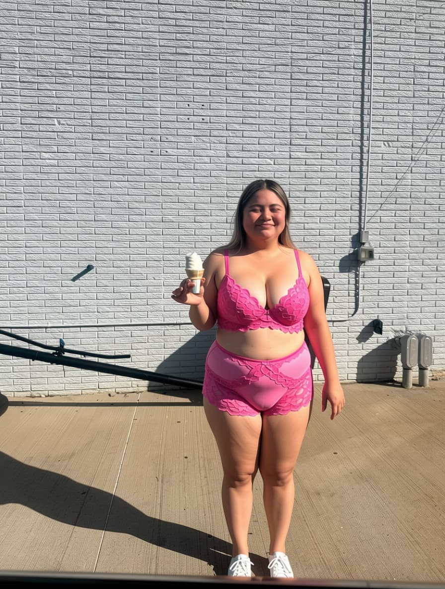 AI generated: Can you give here a pink lace Victoria secret lingerie set and Can you remove her bra and leave her ...