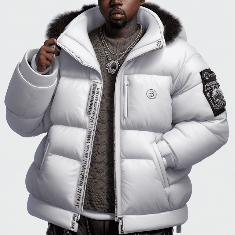 AI generated: milky Fubu winter puffer jacket, design trend, design by kanye west, on a white background, octane, ...