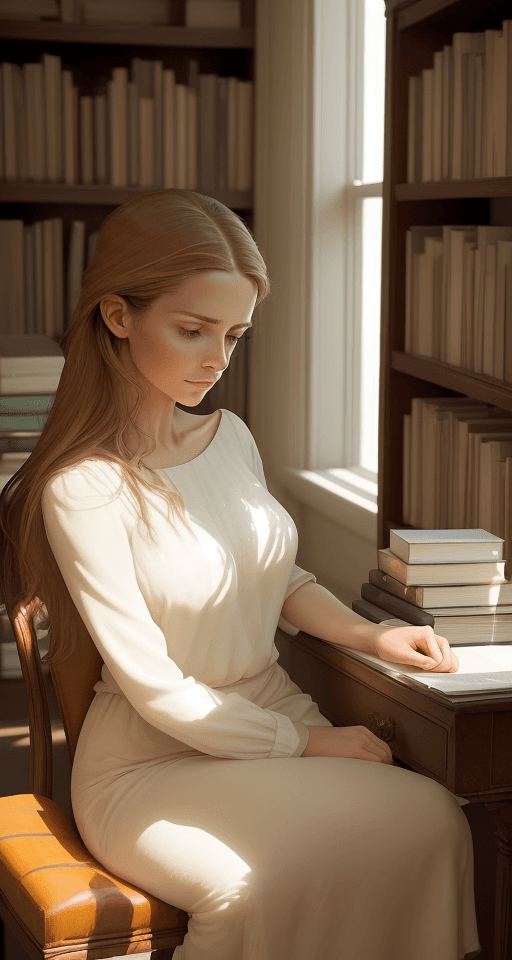 AI generated:  In a sunlit studio, the peaceful figure sits at an elegant writing desk, surrounded by shelves of b...