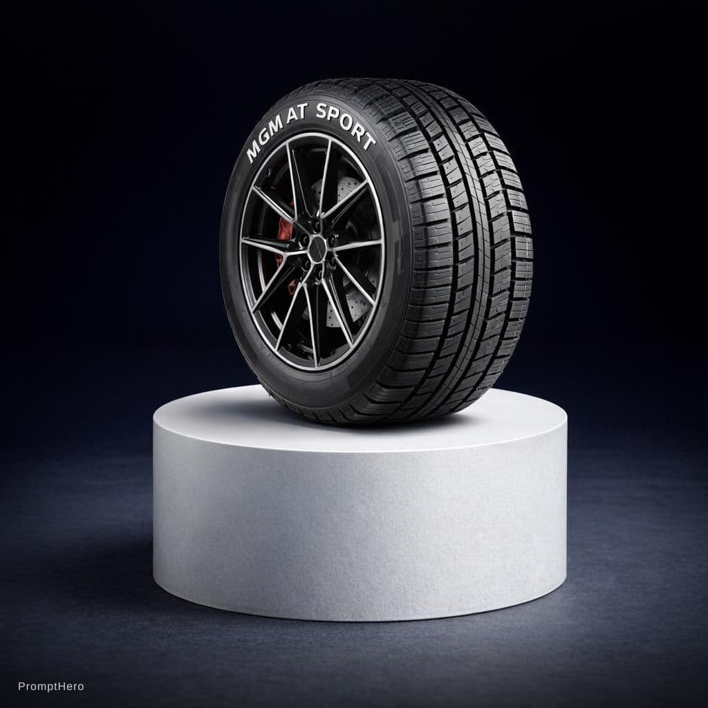 AI generated: photography, productive view, cylindrical podium with MGM AT SPORT tire