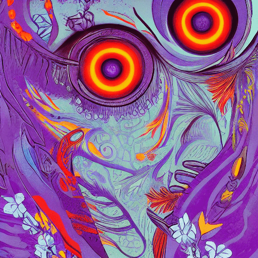 AI generated: a  painting of an eye with purple and orange flowers, in the style of james jean, mysterious jungle,...
