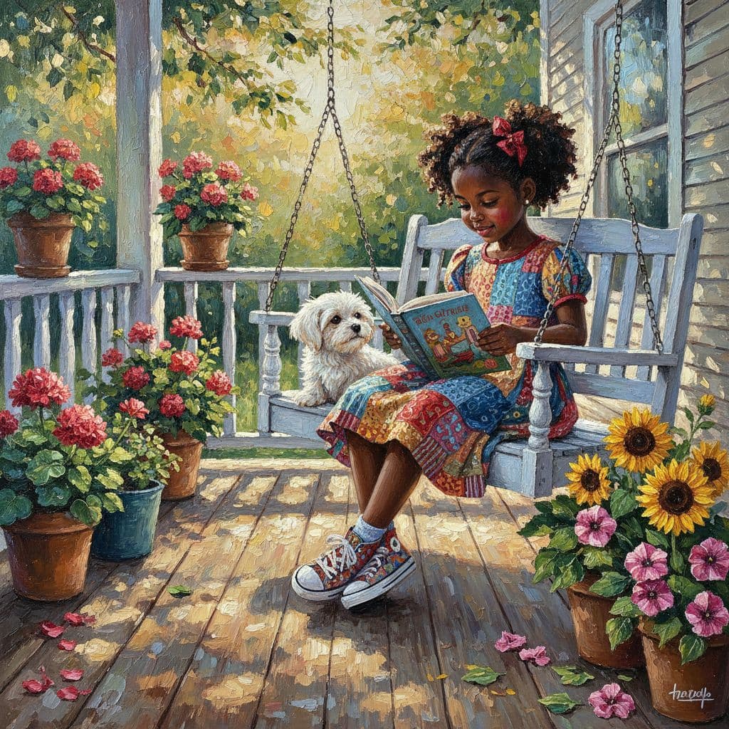 AI generated: A richly textured, embroidered oil painting depicting a joyful African American girl, approximately ...