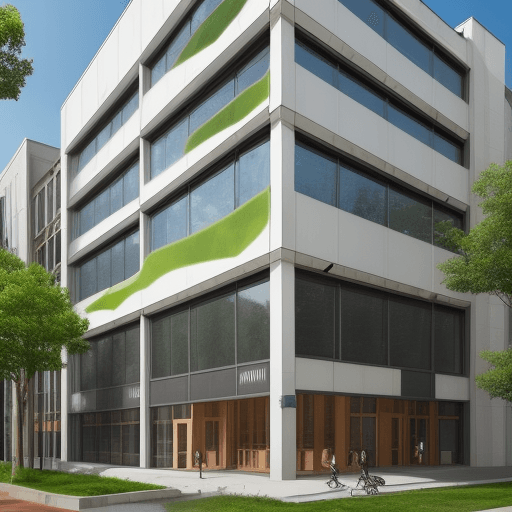 AI generated: create a student library building with modern, aesthetic design ideas, has 4 floors with trees in fr...