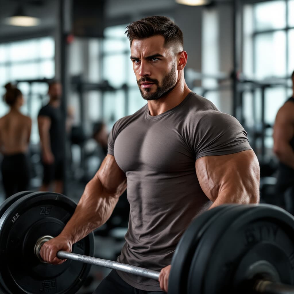 AI generated: A 29-year-old Croatian man in a modern gym setting, engaged in an intense workout. He has an athleti...
