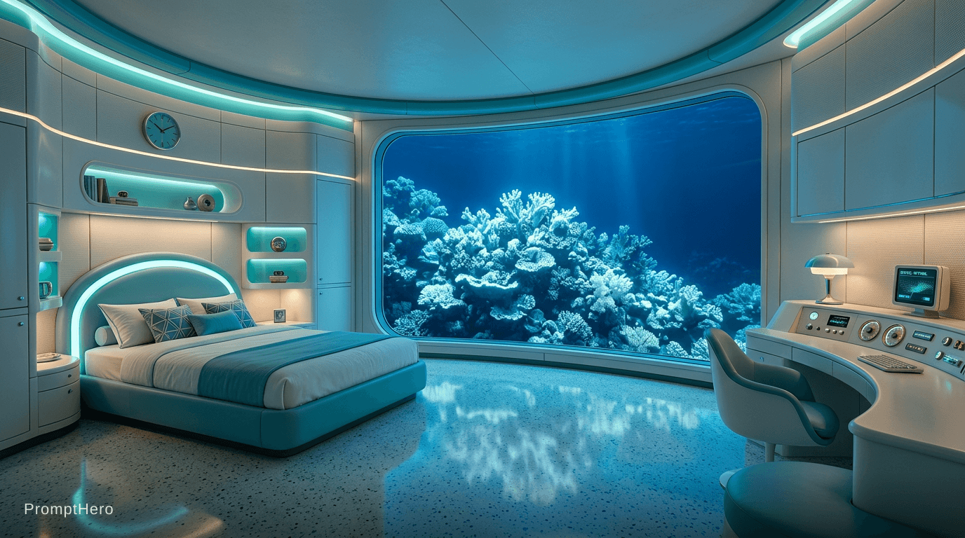 AI generated: A retro futuristic bedroom with built-in furniture submerged under the ocean. white and tiffany blue...