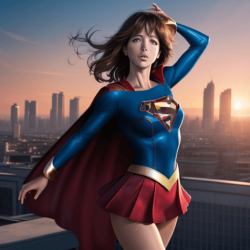 AI generated: High resolution Sophie Marceau as Supergirl, blue leotard, red cape, mini skirt, facing danger on ci...