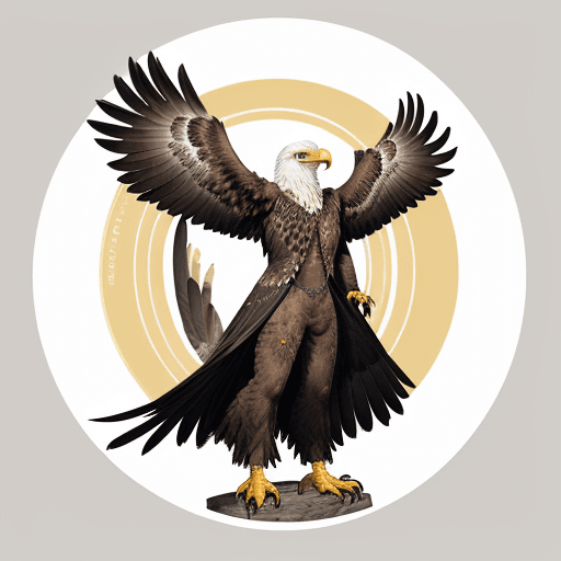 AI generated: detailed full-body portrait of a human-eagle, with white feathers tinged with brown, striking yellow...