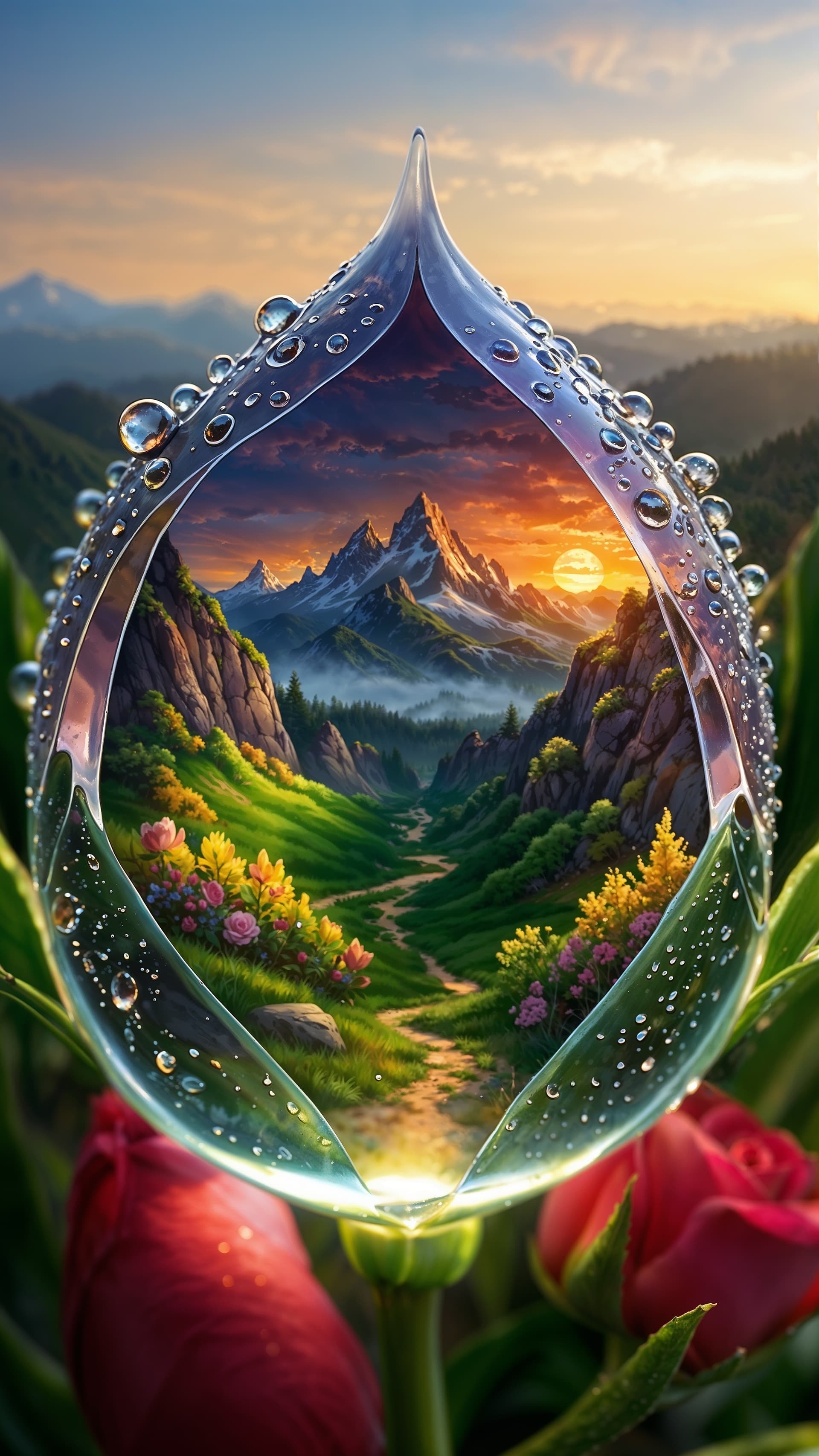 AI generated: A captivating digital painting that portrays a magical world hidden within a dew-covered rosebud. Th...