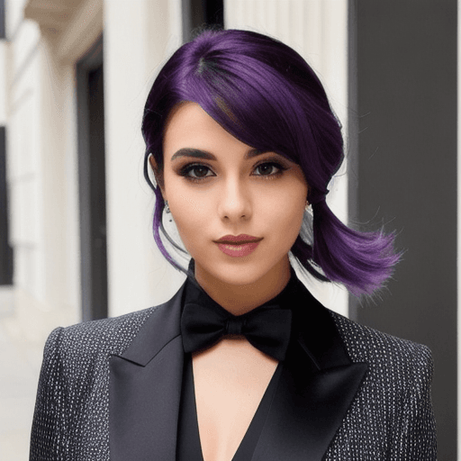 AI generated: a beaty girl with purple hair in black suit 