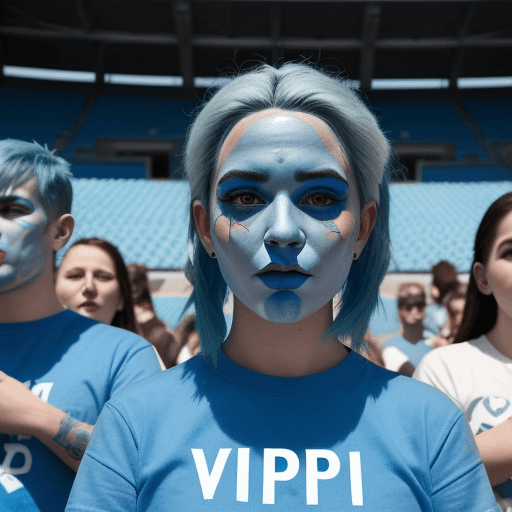 AI generated: a group of people with painted face and blue hair in front of a crowd of people in blue shirts,in a ...