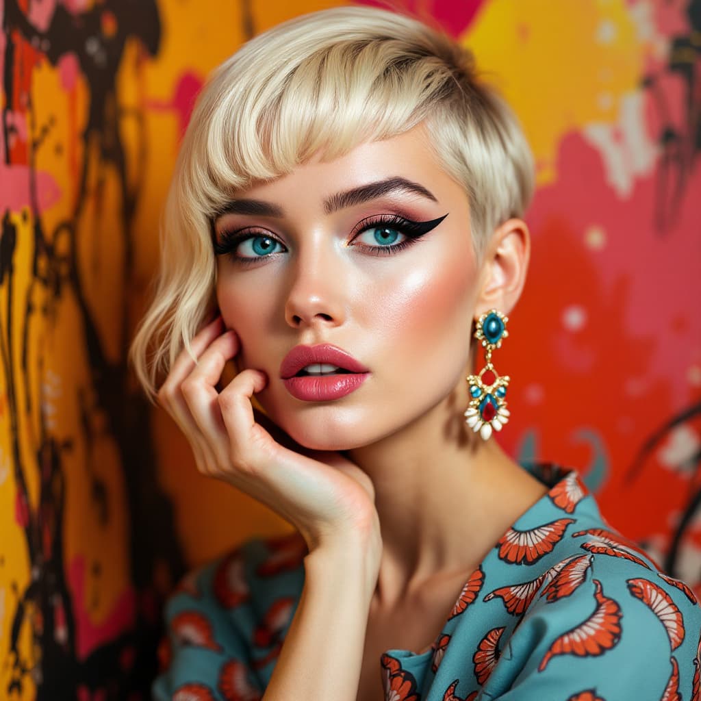 AI generated: Professional portrait, 21 yo retro model,  with light mod style short hair (mod hair 1:3)  wearing I...