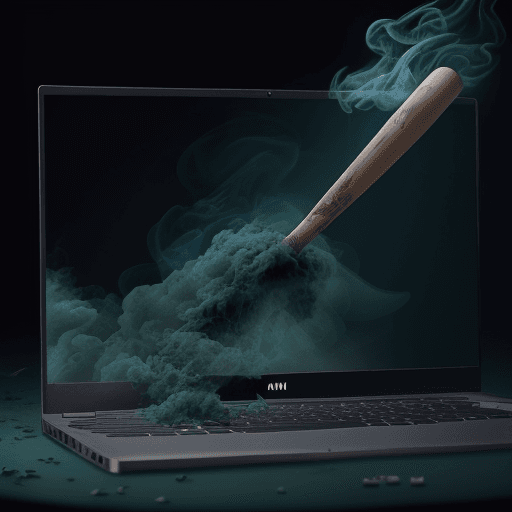 AI generated: High resolution photography baseball bat smashed laptop monitor, money from laptop monitor, dark blu...