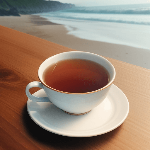 AI generated: Photo of a ultra realistic cup of tea on a wood table placed near the seashore