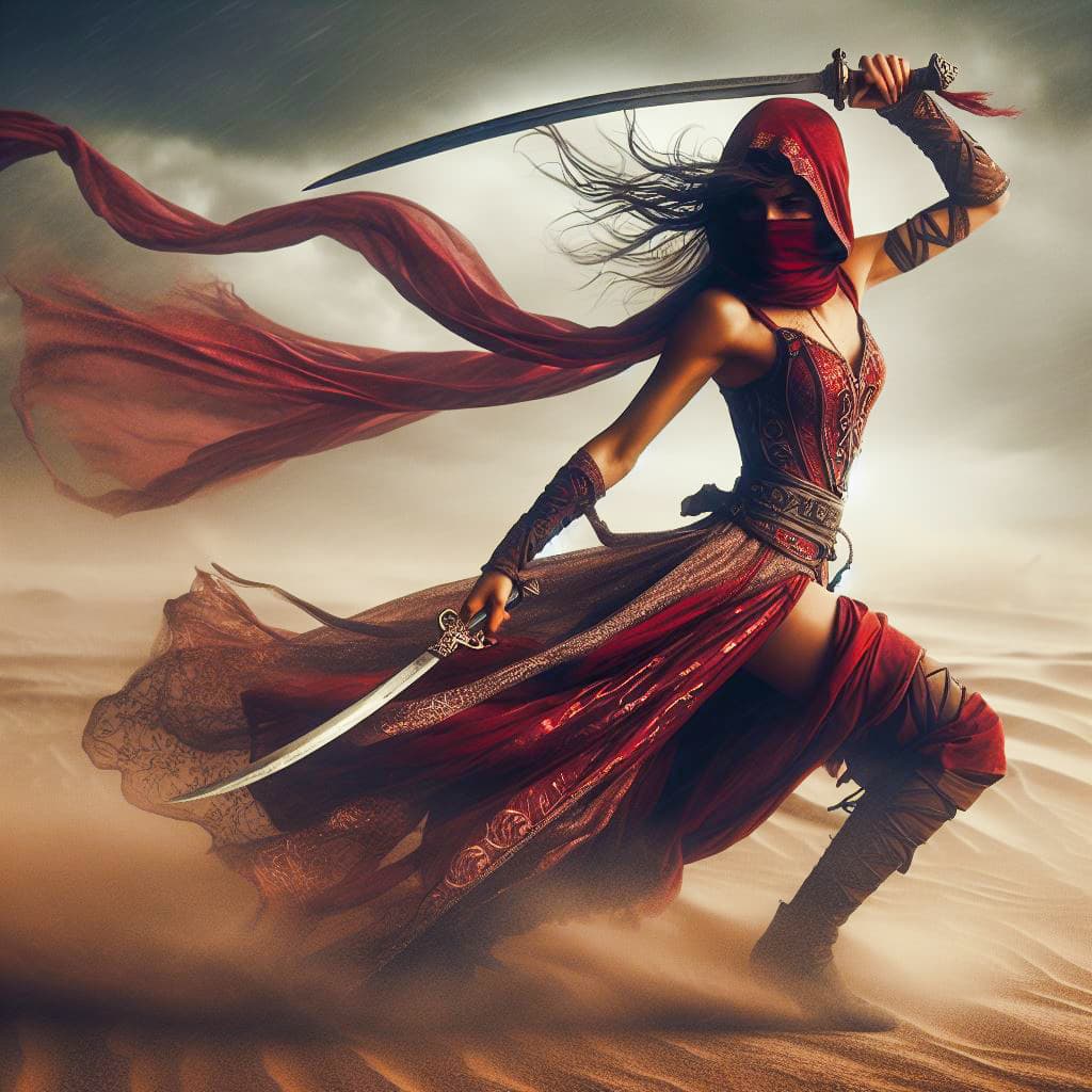 AI generated: Photorealistic CGI of a female ninja warrior in a desert. She is mid-motion, wielding a curved sword...
