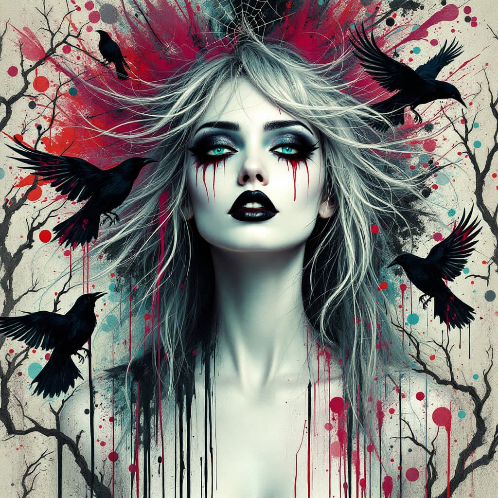 AI generated: A striking gothic-style portrait of a woman with pale, glowing skin and piercing turquoise eyes. Her...