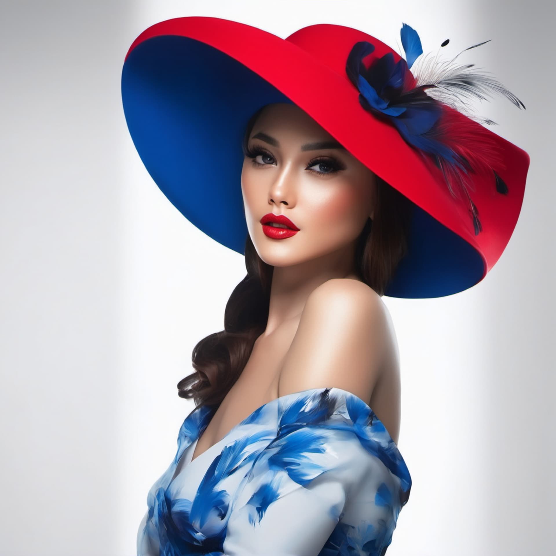 AI generated: Female hat by msra eve, msra eve art, Red and blue hat, enchanting, glamorous elegance, flowing silh...