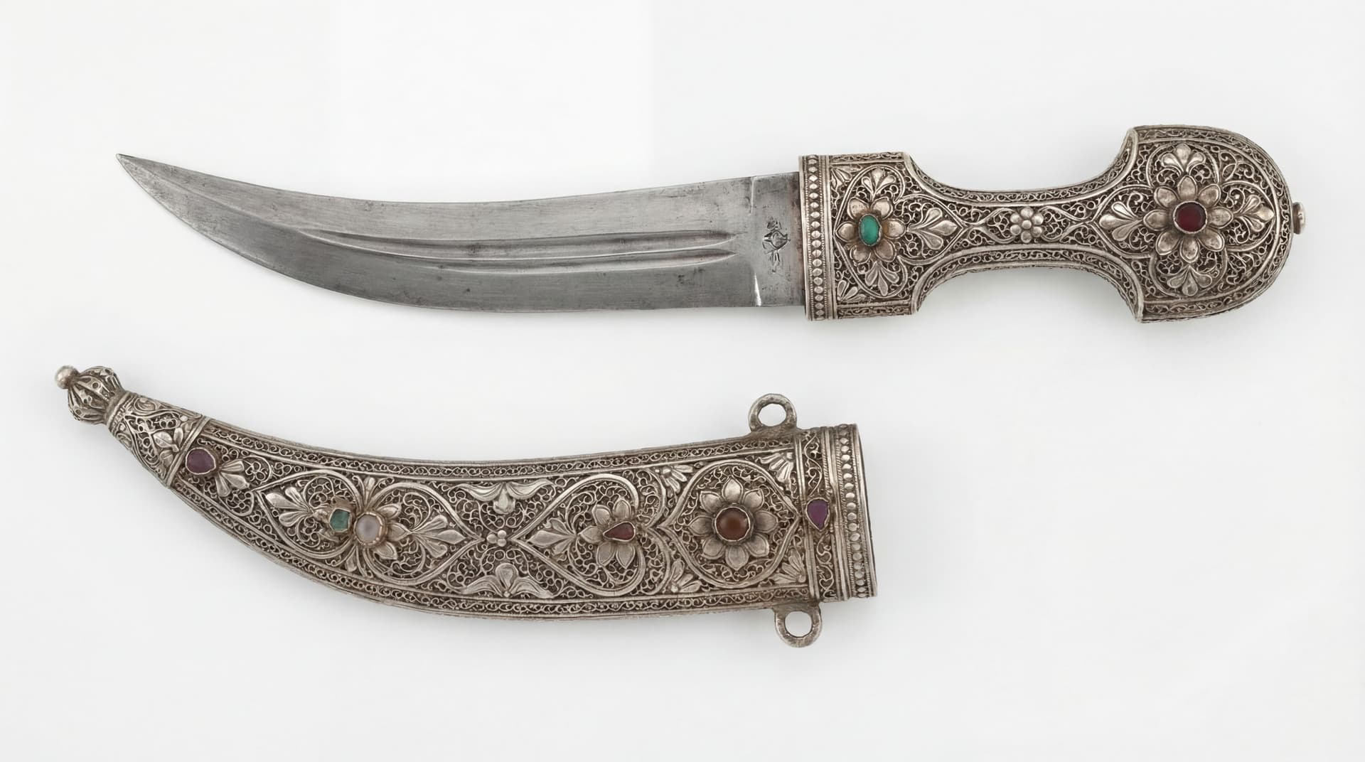 AI generated: Ornate Silver Dagger (Jambiya): A traditional curved Arabian dagger with an intricately carved silve...