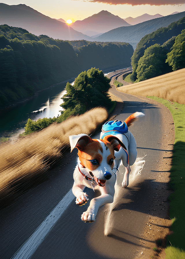 AI generated: hyper realistic, anime, anthropomorphic dog, jack russell terrier head, running, speed, fast, backpa...