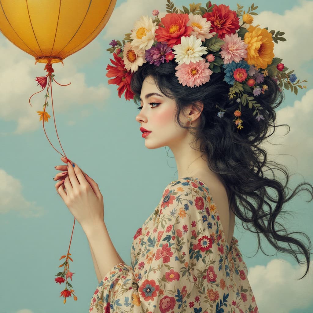 AI generated: Woman with ornate floral hairdo, holding decorative balloon string,  (detailed floral patterns:1.2),...