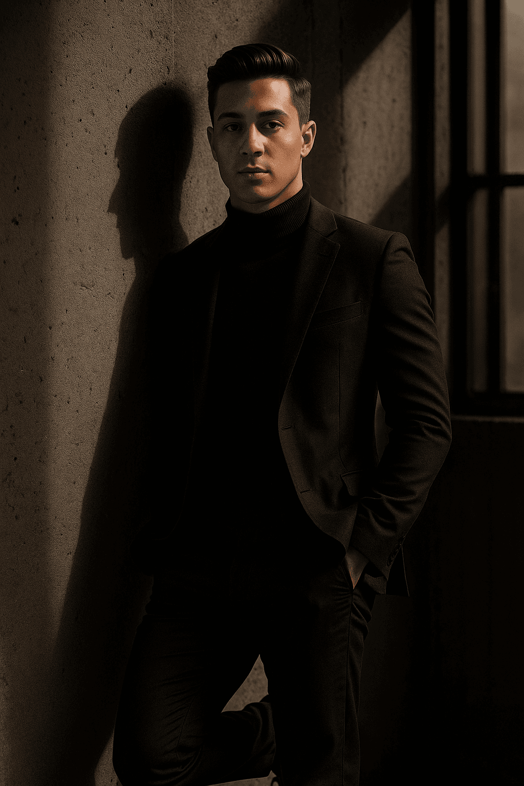 AI generated: this as A man in a tailored black
blazer and turtleneck stands against a
concrete wall. One foot u...