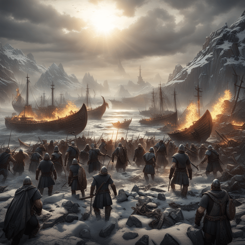 AI generated: Total war of destruction in the land of vikings,viking ship,vikings,seafight,lens flare,dynamic ligh...