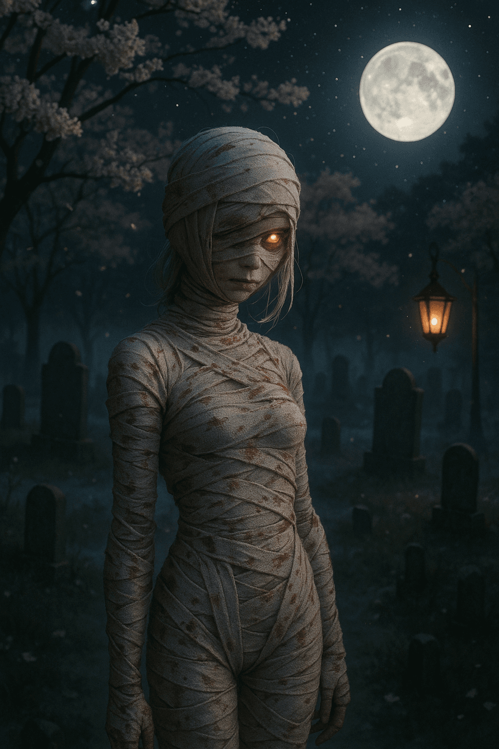 AI generated: (photorealism:1.2), an ethereal bandaged figure with shining eye. A tiny female figure with silver h...