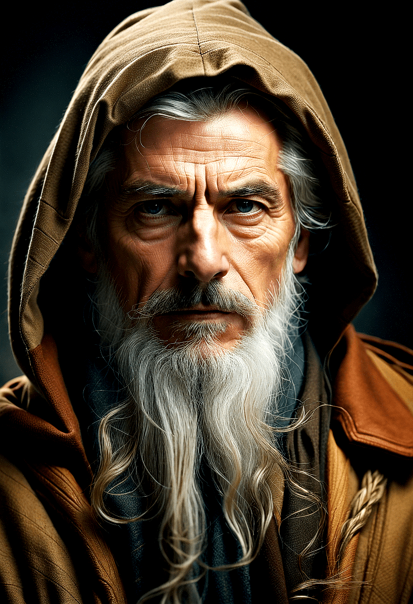 AI generated:  image features an older man with a long white beard, wearing a brown coat and a hood. He appears to...
