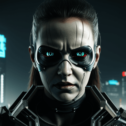 AI generated: A 3d futuristic and menacing face in a cyberpunk wallpaper

