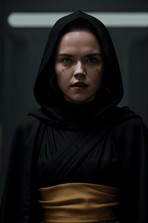 AI generated: rey skywalker with daisy ridley face as sith empress in black sith robe and black hood, loose hair, ...