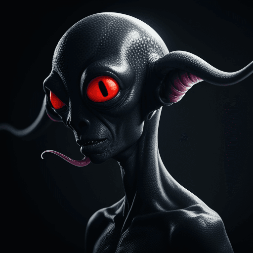 AI generated:  high quality foto of a blind black alien monster, without mouth, long tentacle, big warts, blind, 8...