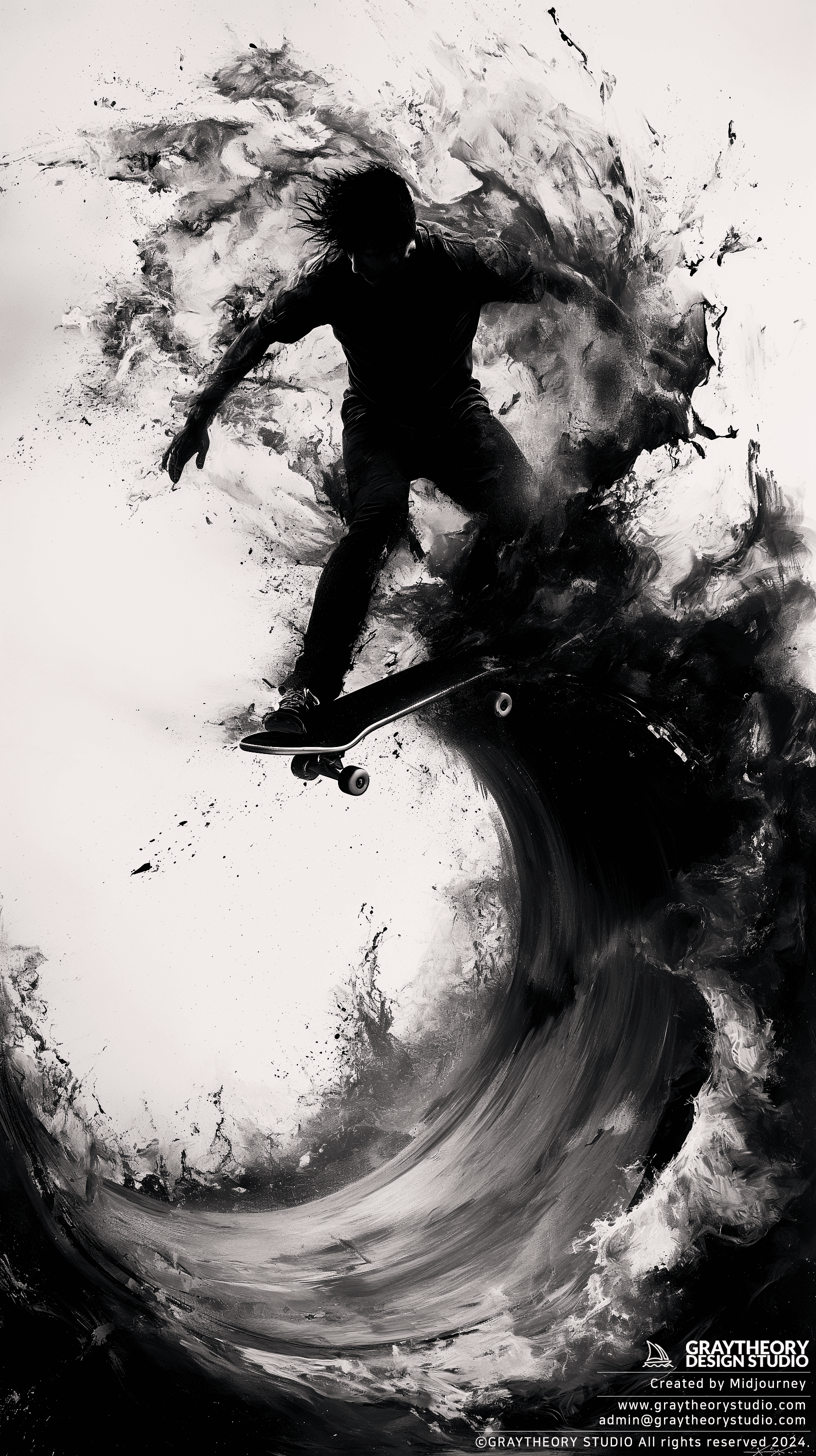 AI generated: artistic, Anna Razumovskaya style, skate boarder, in half-pipe, professional artwork, heavy touched,...