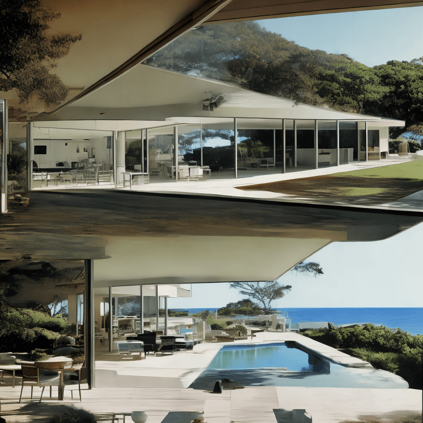 AI generated: Hyper realistic eye level exterior photo of a mid century modern style house overlooking the ocean, ...
