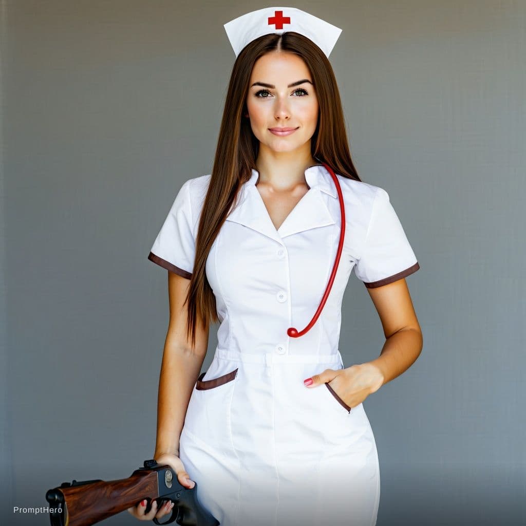 AI generated: Create an image of a girl wearing hot nurse dress with a hunter on her hand