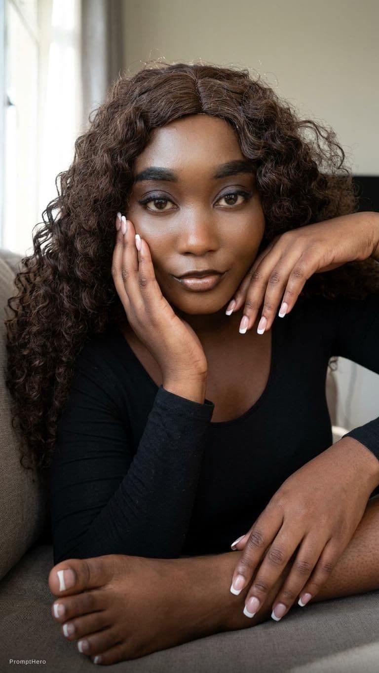 AI generated: A black woman with French tips on her fingers and toes