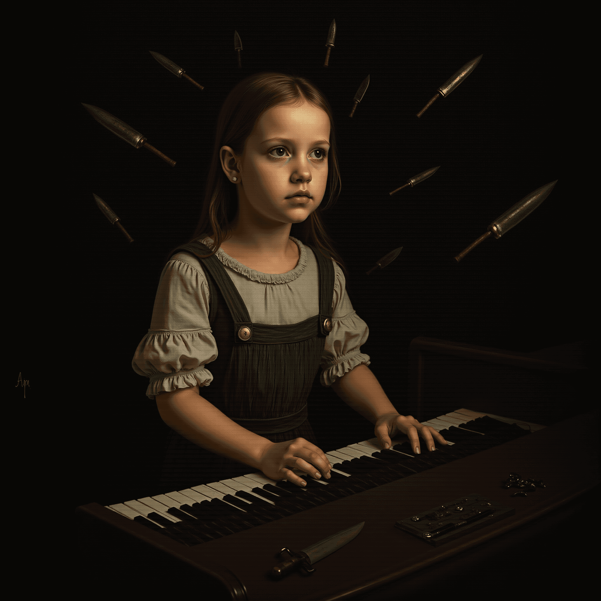 AI generated: Artistic oil painting style portrait of a girl playing the piano, inspired by Diego VelÃ¡zquez. Her ...