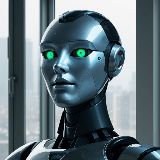AI generated: Robot standing in front of the window, sitting robot close-up, human-faced robot, close-up humanoid ...