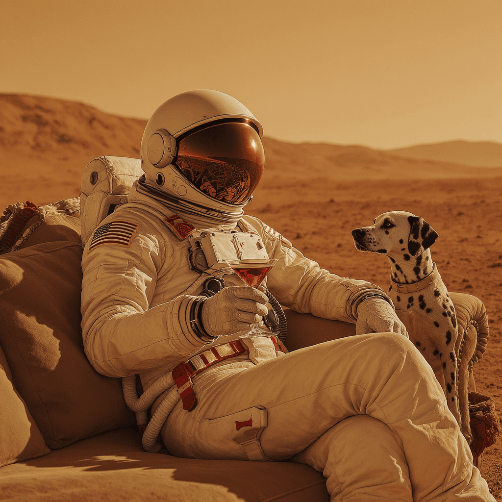 AI generated: create an image of an astronaut on Mars, desert landscape, sepia contracted tone. Astronaut is sitti...