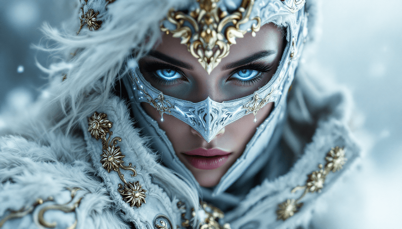 AI generated: Close-up portrait of a female warrior, wearing intricate white and gold ornate armor, featuring a ma...