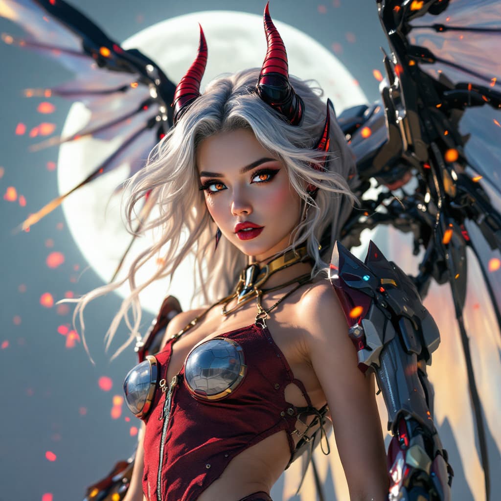AI generated:  adult woman, transforming into Evangelion Demonic Demon inspired mecha, fly me to the moon, {{beaut...