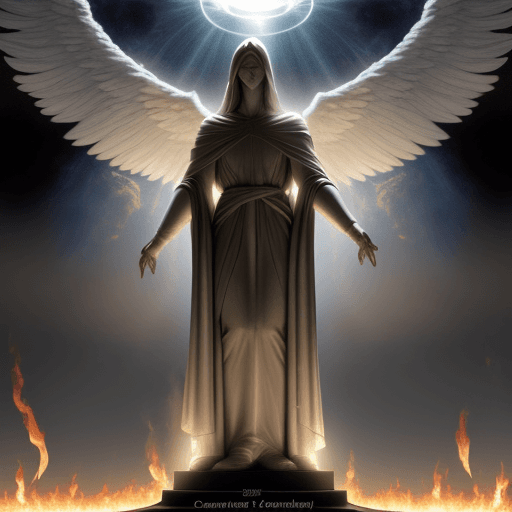 AI generated: Hyper realistic photorealistic arc of the covenant with angels standing around, fire at the centre. 