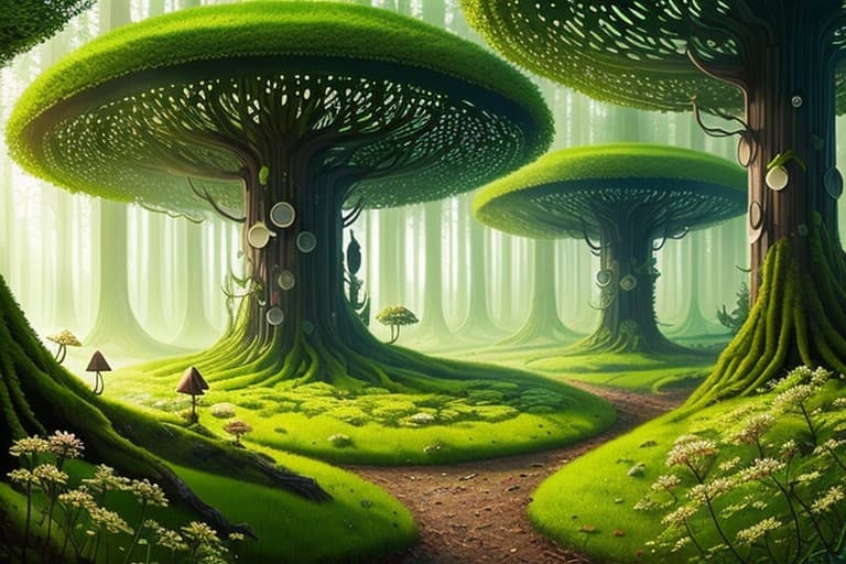 AI generated: masterpiece futuristic forest, spring, pschodeliy fungus, (style of Olly Moss), high quality, intric...