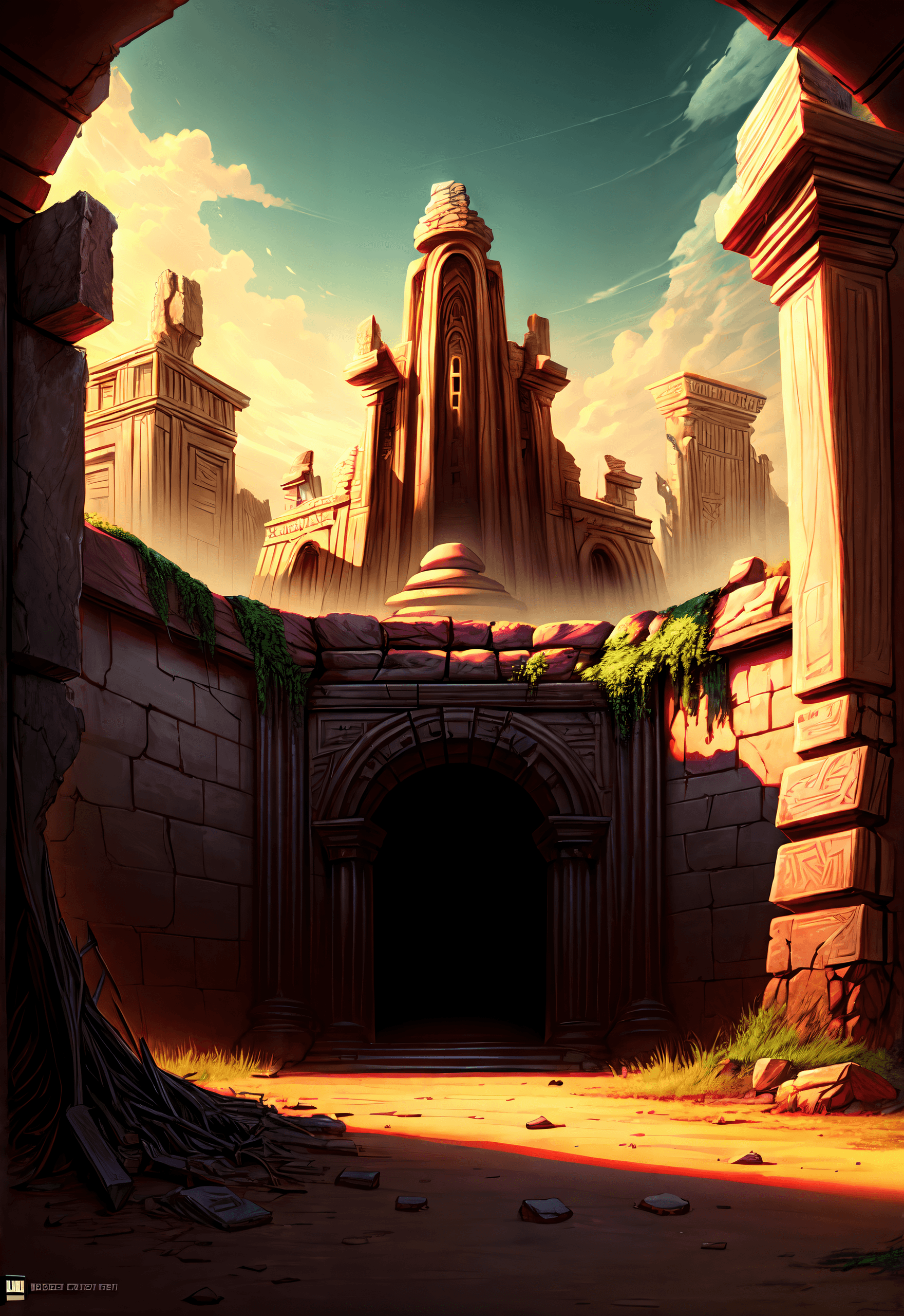AI generated: (masterpiece Illustration, best quality:1.2) Ruins of a (Lost Sumerian Temple:1.1), hidden in a cany...