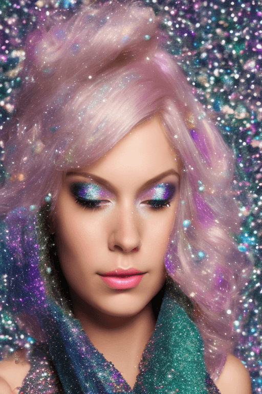 AI generated: Close-up of a person, glitter background, shiny glitter hair, professional profile photo, shiny glit...