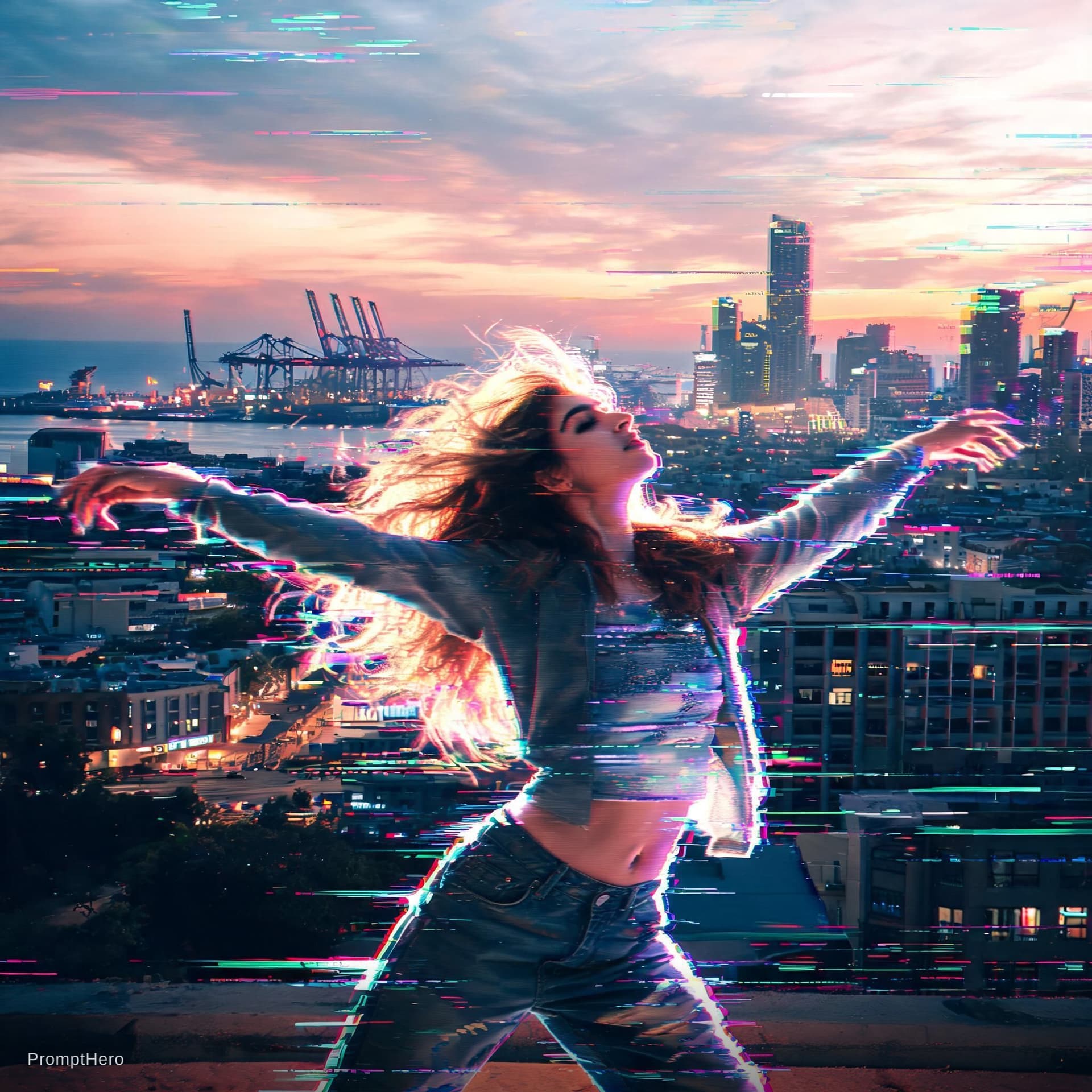 AI generated: girl dance wild in beirut in Glitch Effect, Orton Effect