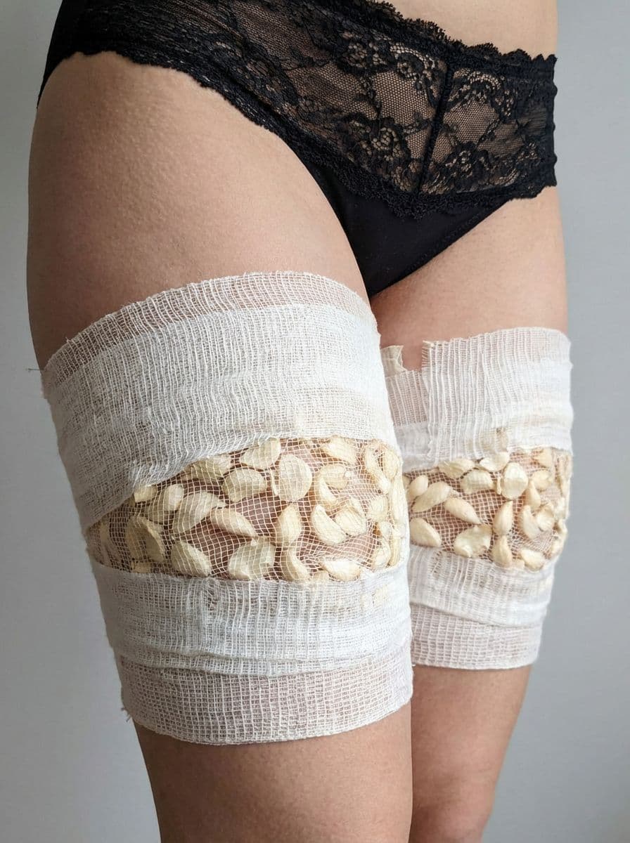 AI generated: You need to take the white bandage from the first photo and add the same bandage to the thighs in th...
